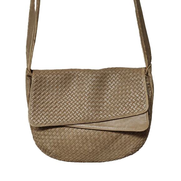 Vintage 80s Tan Brio Messenger Bag Woven Leather Crossbody - Picture 1 of 13